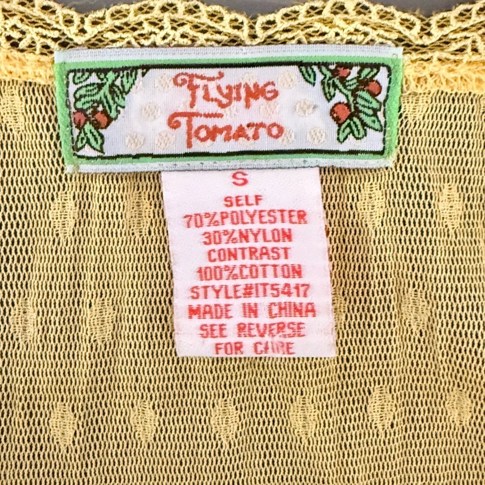 Flying Tomato Sheer Round Neck Yellow Gold Short Sleeve Lace Top Women’s Size S - Picture 6 of 8